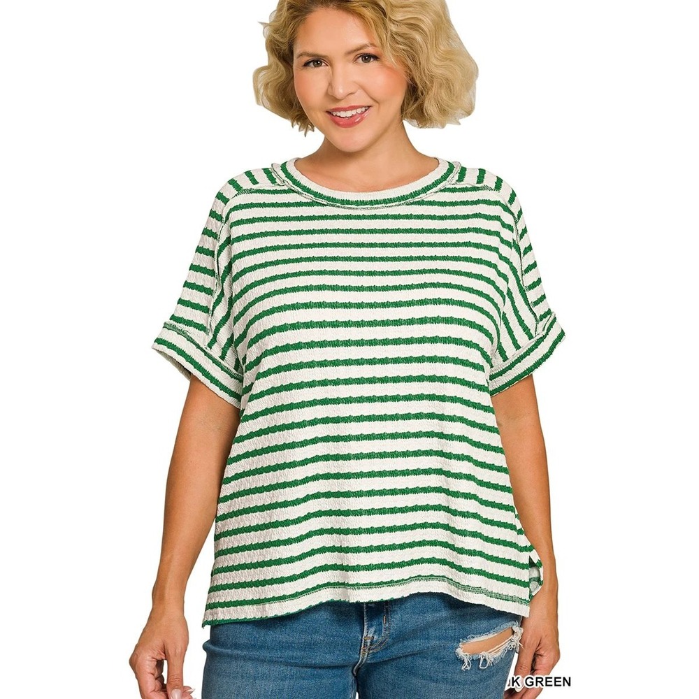 NWT Zenana Green White Striped Textured Short Sleeve Top RTL-8602 Plus 1X/2X